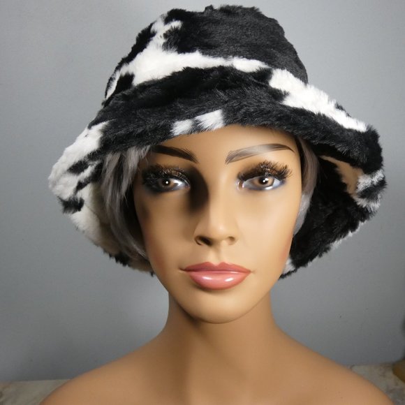 Cute! Stylish SOFT Warm Faux Fur Print Bucket Hat White with Black - Picture 2 of 11